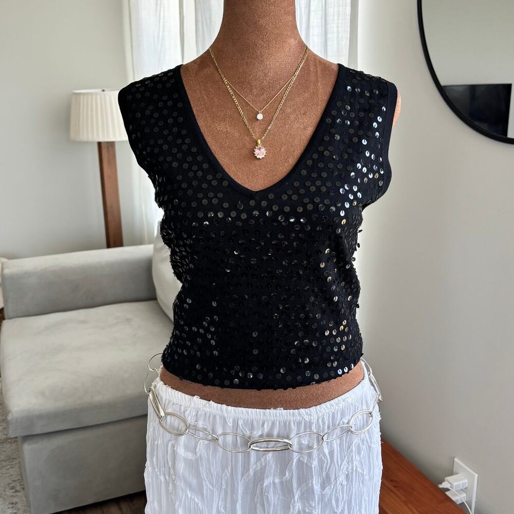 2000s Vintage Grace Elements Black Sequin Top Y2K Party Clubwear Festival Size L